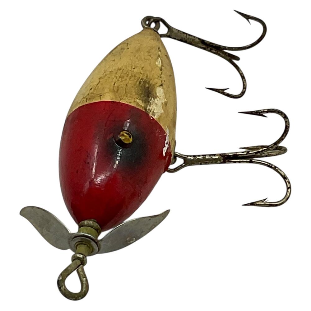 Vintage Wooden Fishing Lure Red‎ White Propeller Topwater Treble Hooks
